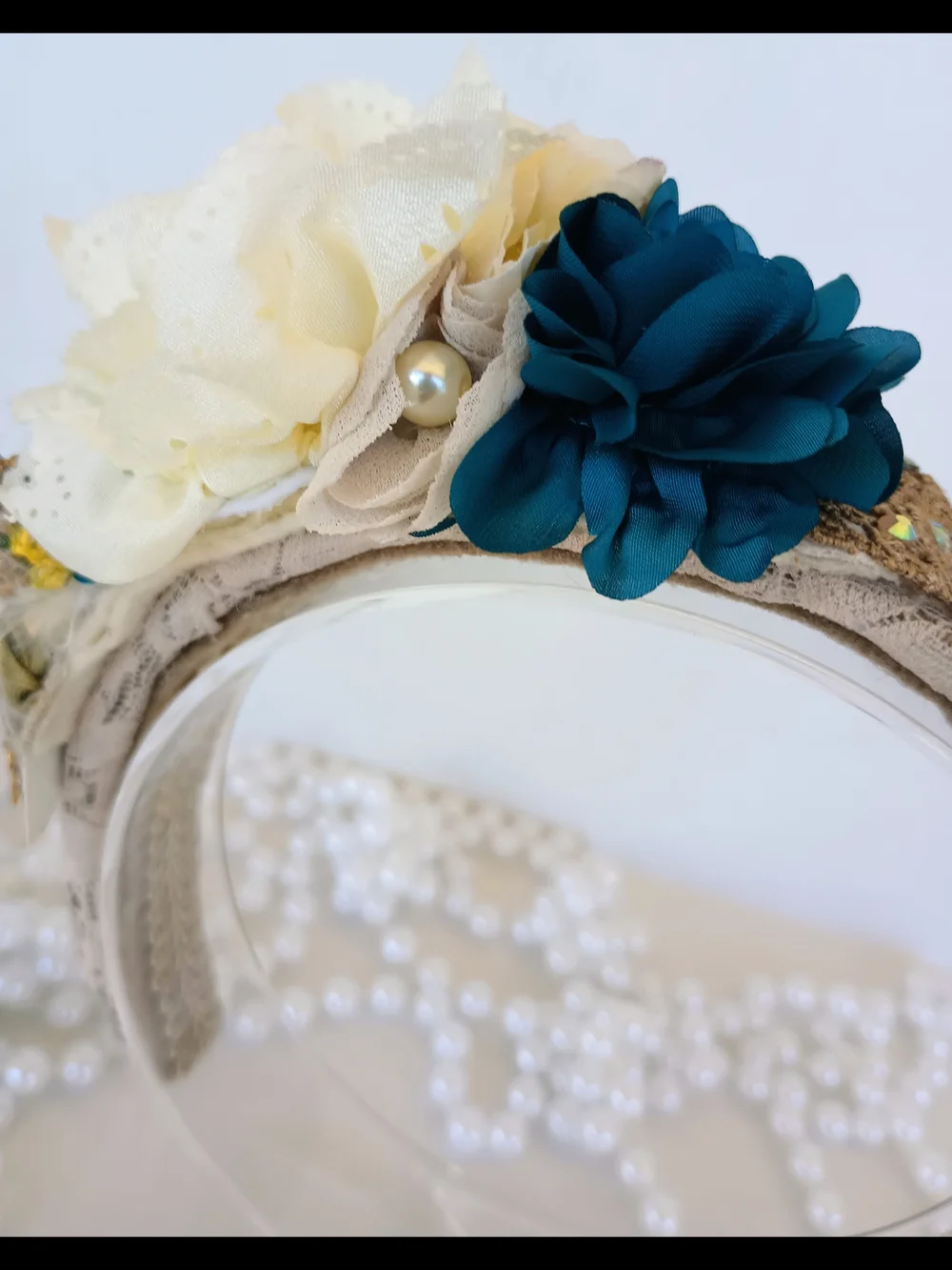 Handmade Vintage Floral Headband Ivory & Teal Romantic Boho Hair Accessory.